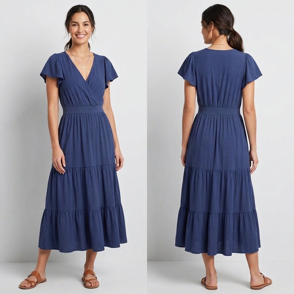 Knox Rose Blue Tiered Midi Dress Flutter Sleeve V-Neck Size XS Pockets Boho